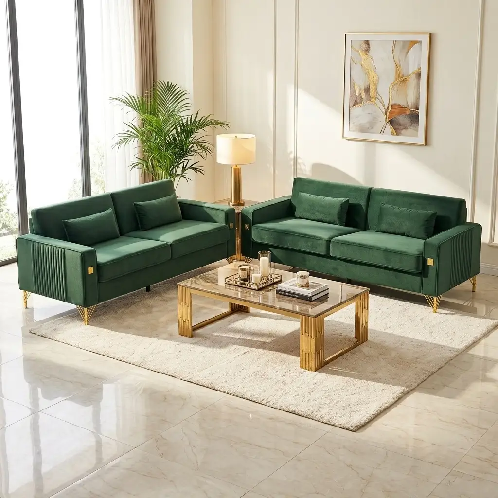 Emerald Green Velvet 2-Piece Sofa Set by HouseOfZazla