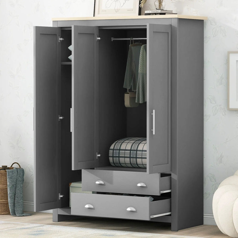 3 Door Storage Wardrobe With Cabinets And 2 Hanging Rods - Gray by Unique Piece Furniture