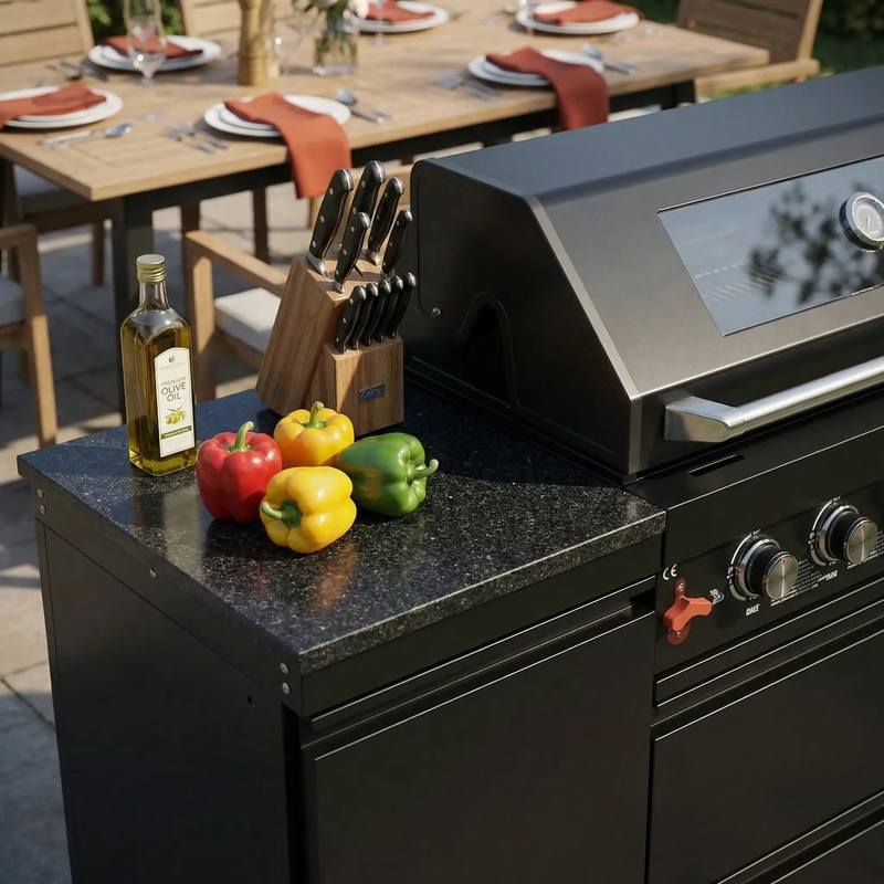 63" 6-Burner 85,000 BTU Black Outdoor Kitchen Island Grill + Marble Countertops by Chery Industrial