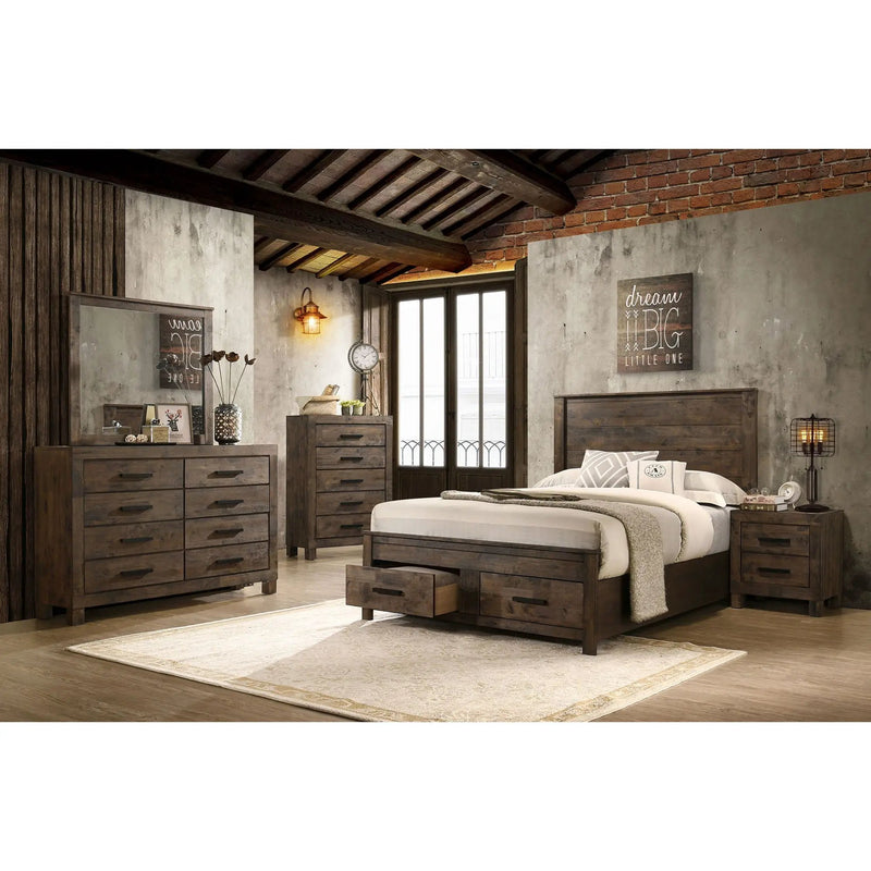 Greely - 5 Piece King Storage Bedroom Set Includes Bed, Nightstand, Dresser, Mirror & Chest - Rustic Brown by HouseOfZazla