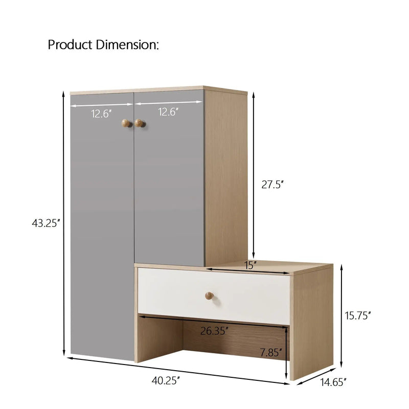 Modern Multi Functional Shoe Storage Bench & Cabinets With Adjustable Shelves - Gray / Natural Wood / White by Unique Piece Furniture