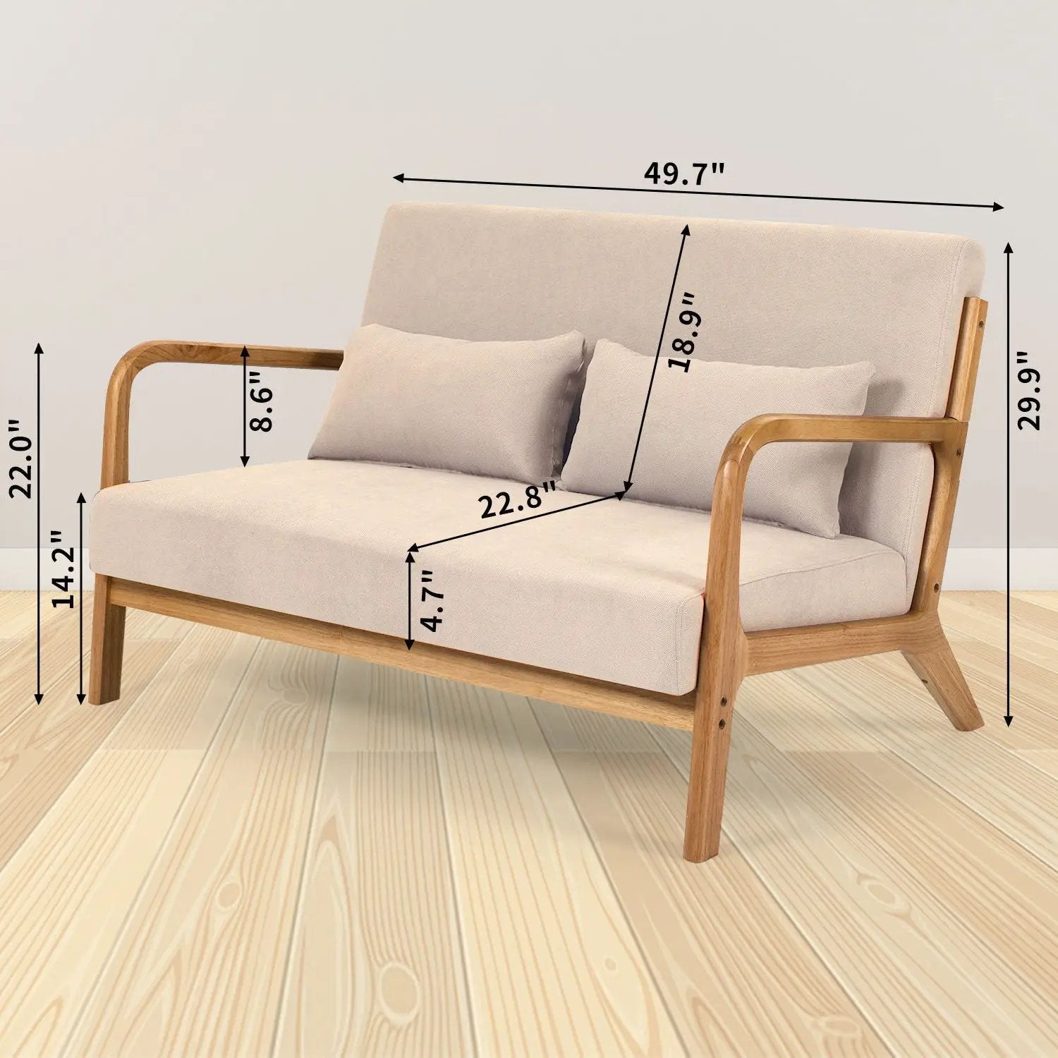 Leisure Chair With Solid Wood Armrest And Feet, Mid-Century Modern Accent Sofa, 2 Seat by HouseOfZazla