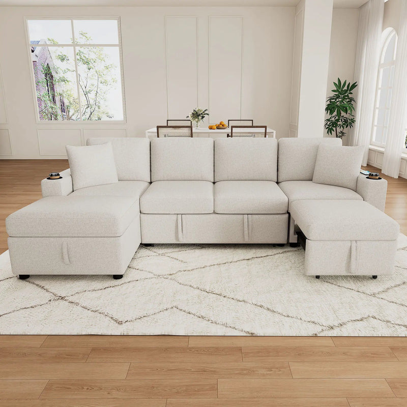Sectional Sofa Convertible Pull-Out Bed With Storage Ottoman & USB Ports by Unique Piece Furniture