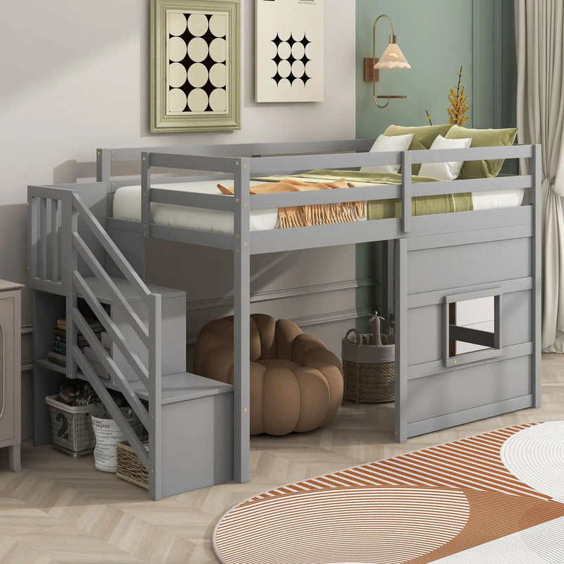 Loft Bed With Storage Staircase, Window & LED Light