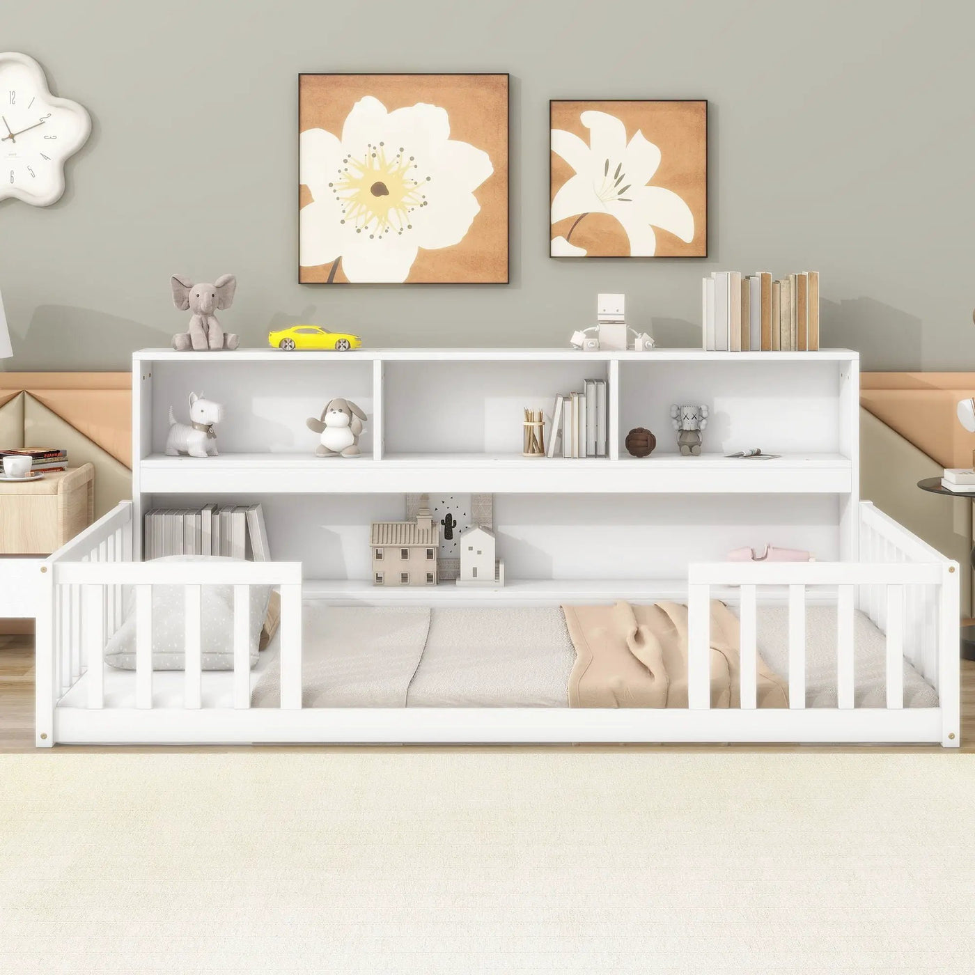 Floor Bed With Bedside Bookcase, Shelves, Guardrails by HouseOfZazla