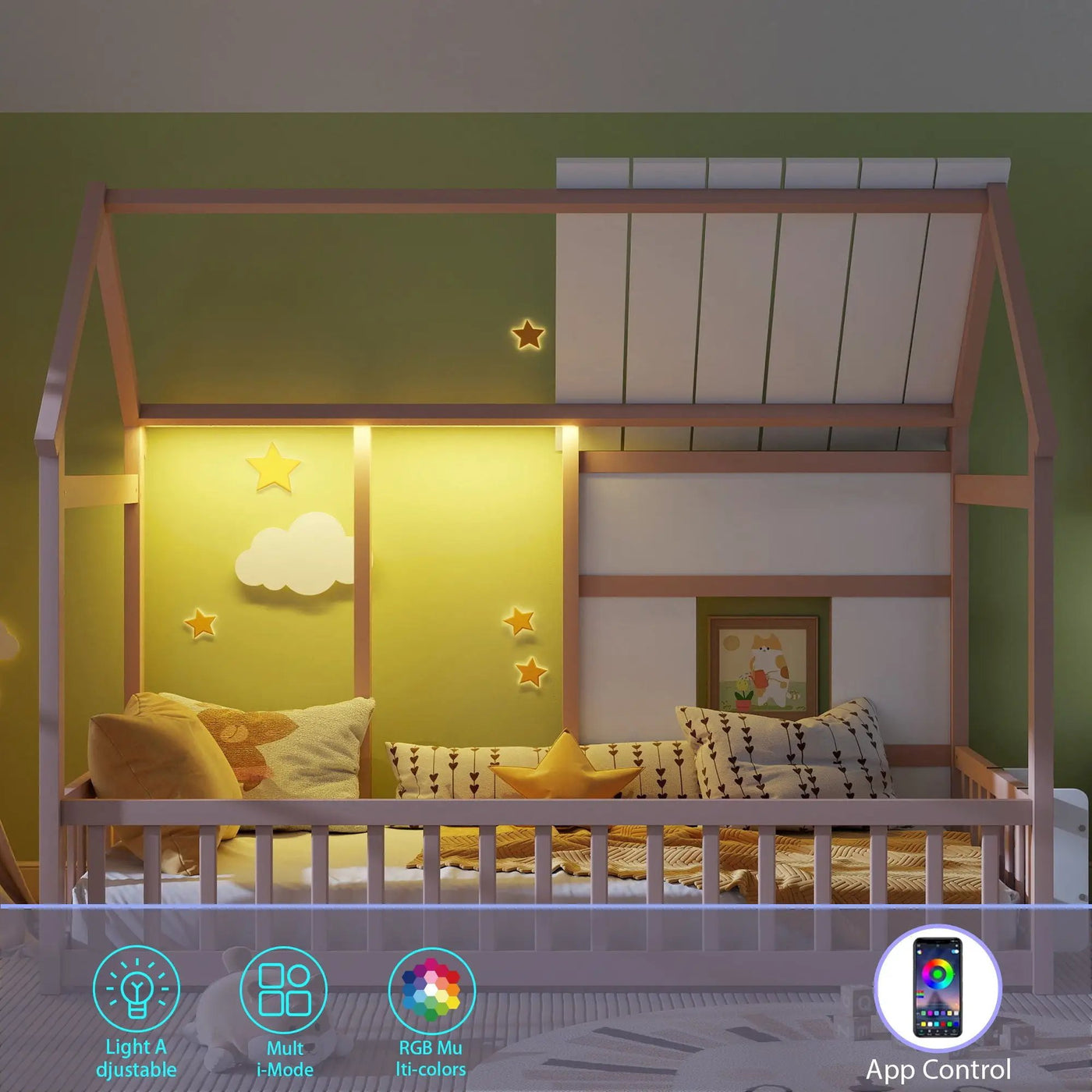 House Floor Bed With 7 Color LED Light, Built In Bookshelf by Unique Piece Furniture
