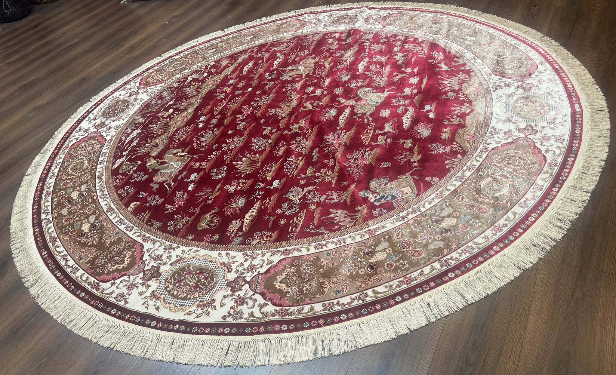 Large Round Turkish Silk Rug 8x8, Hunting Design, Dark Red & Ivory, Bamboo Silk by Jewel Rugs