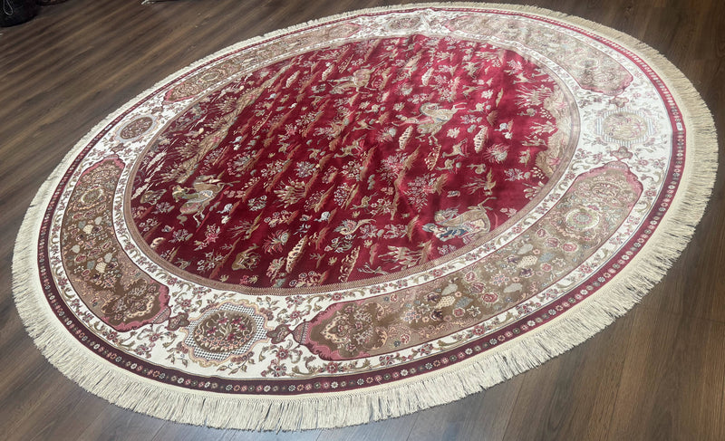Large Round Turkish Silk Rug 8x8, Hunting Design, Dark Red & Ivory, Bamboo Silk by Jewel Rugs