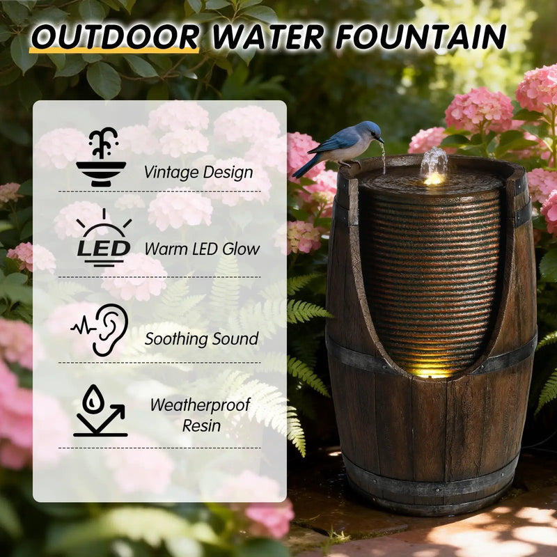 Outdoor Barrel Water Fountain with Rustic Wood Look Resin by HouseOfZazla