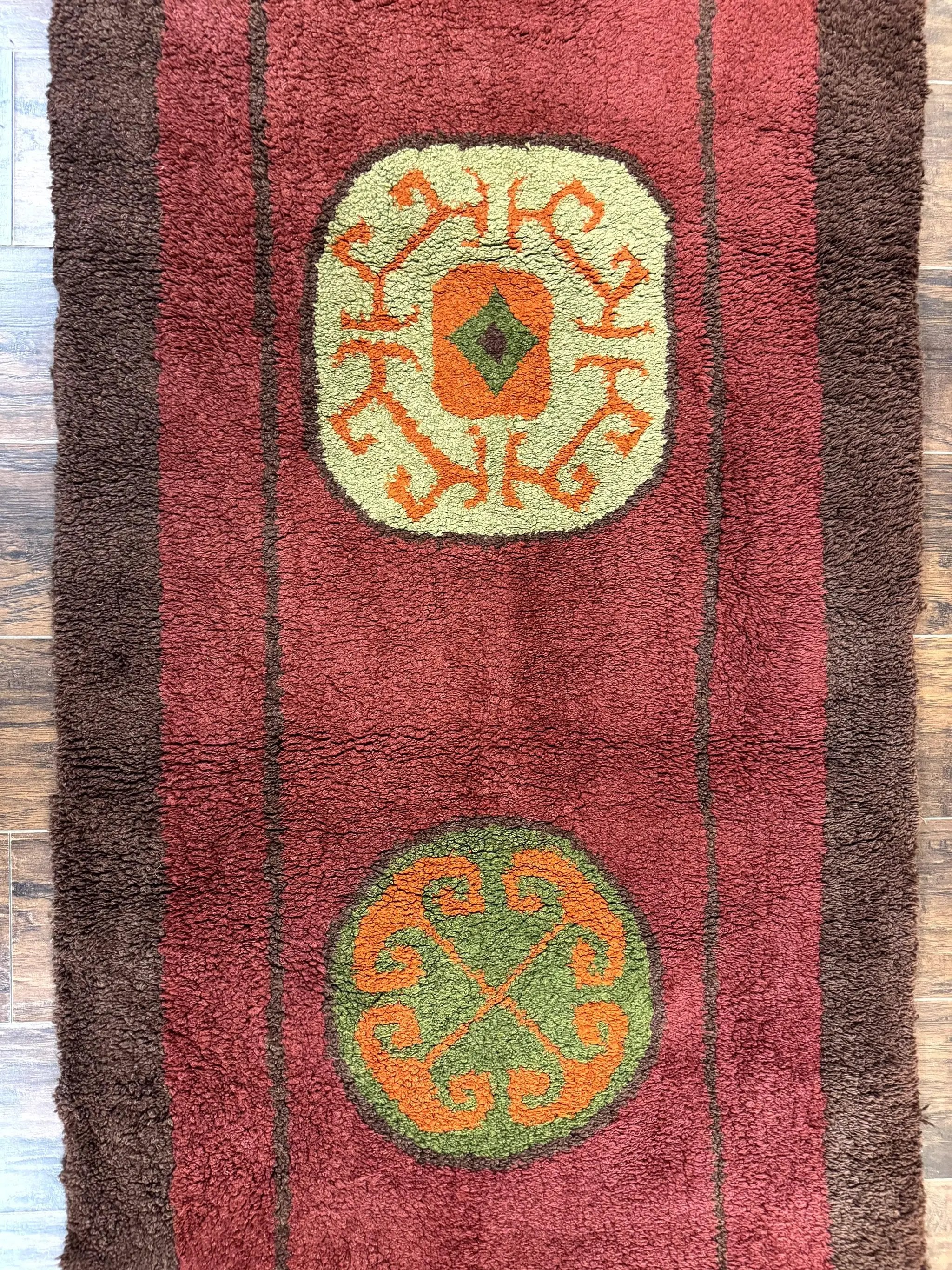 German Hooked Runner Rug 3x8, Vintage, Red, Wool by Jewel Rugs