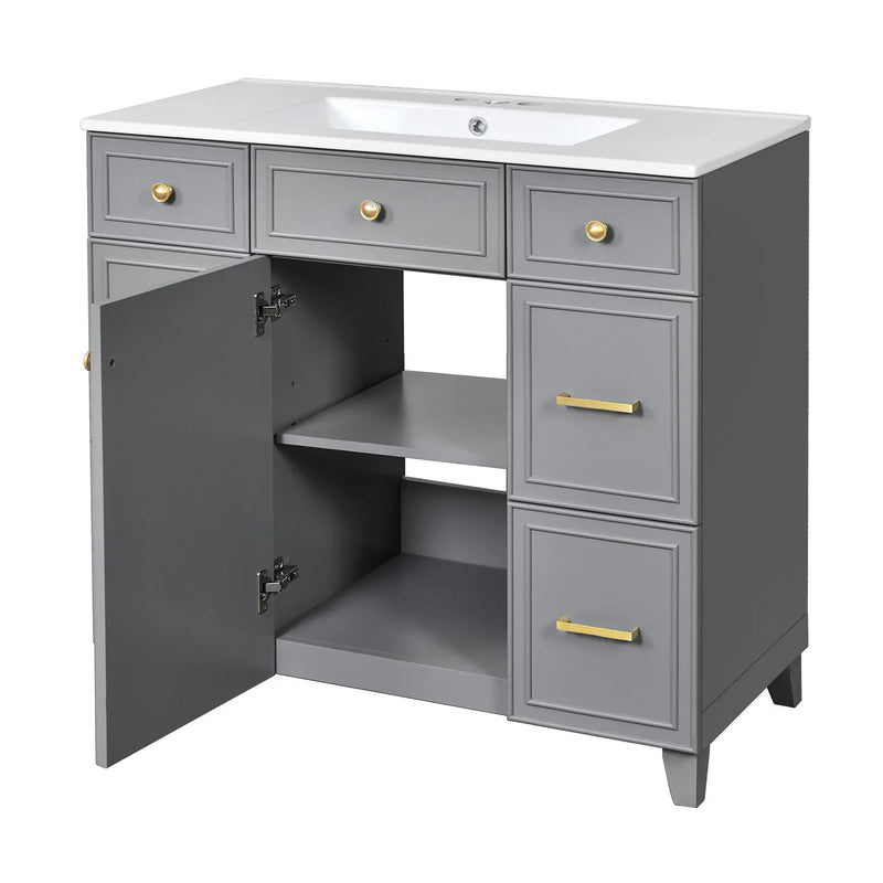 Bathroom Vanity With Ceramic Sink, Soft Close Doors, Adjustable Shelves