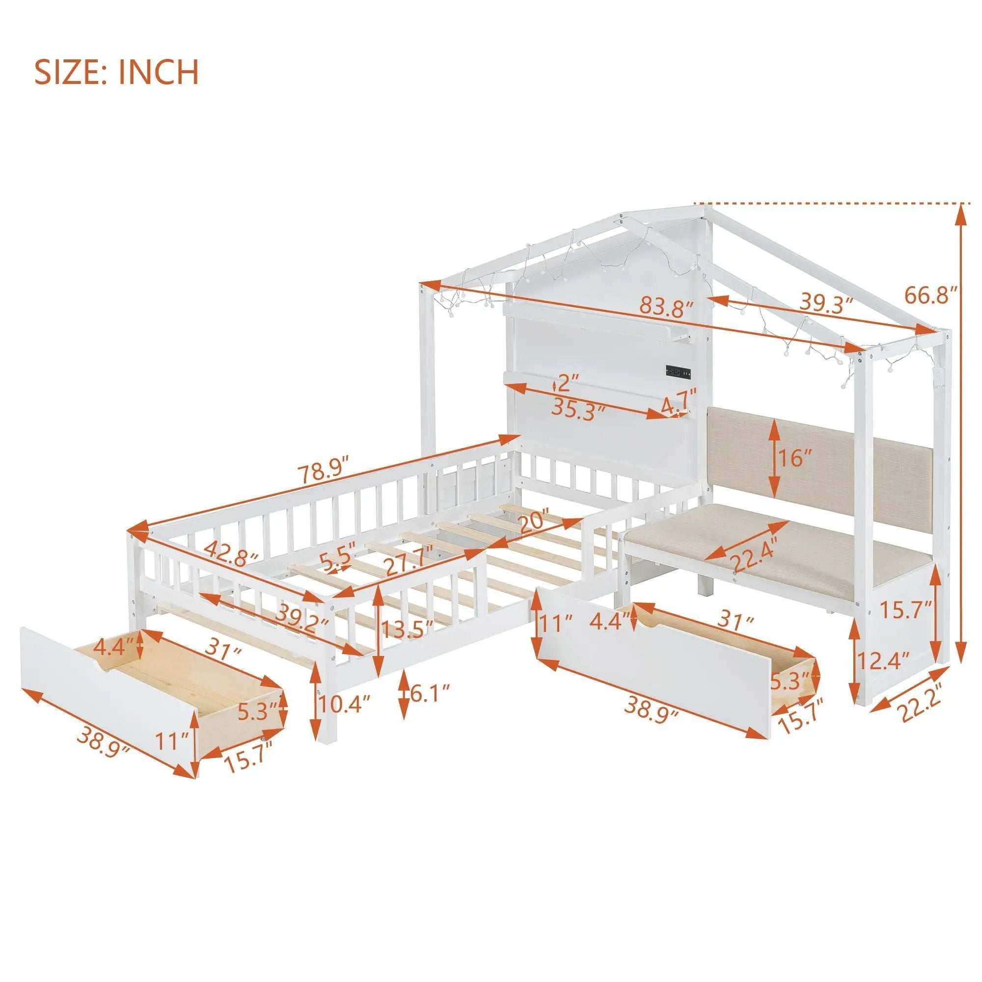 House Bed With Upholstered Sofa, Wireless Charging Station, Shelves And 2 Drawers by HouseOfZazla