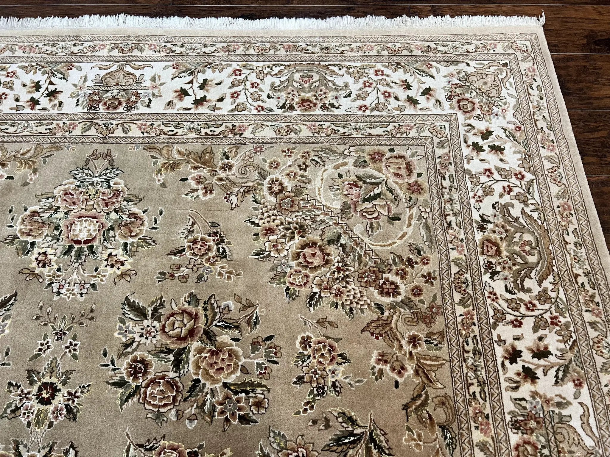 Sino Persian Rug 8x10, Soft Wool, Silk Highlights, Hand Knotted Vintage Carpet, Taupe & Ivory, Floral, Traditional Rug 8 x 10 by Jewel Rugs