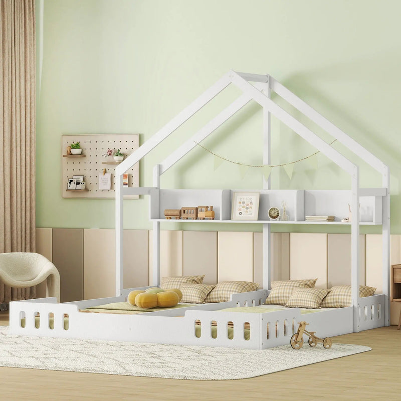 Twin Size Platform Bed With Shared Design, Guardrails, And Built In Shelves - Creamy White by Unique Piece Furniture
