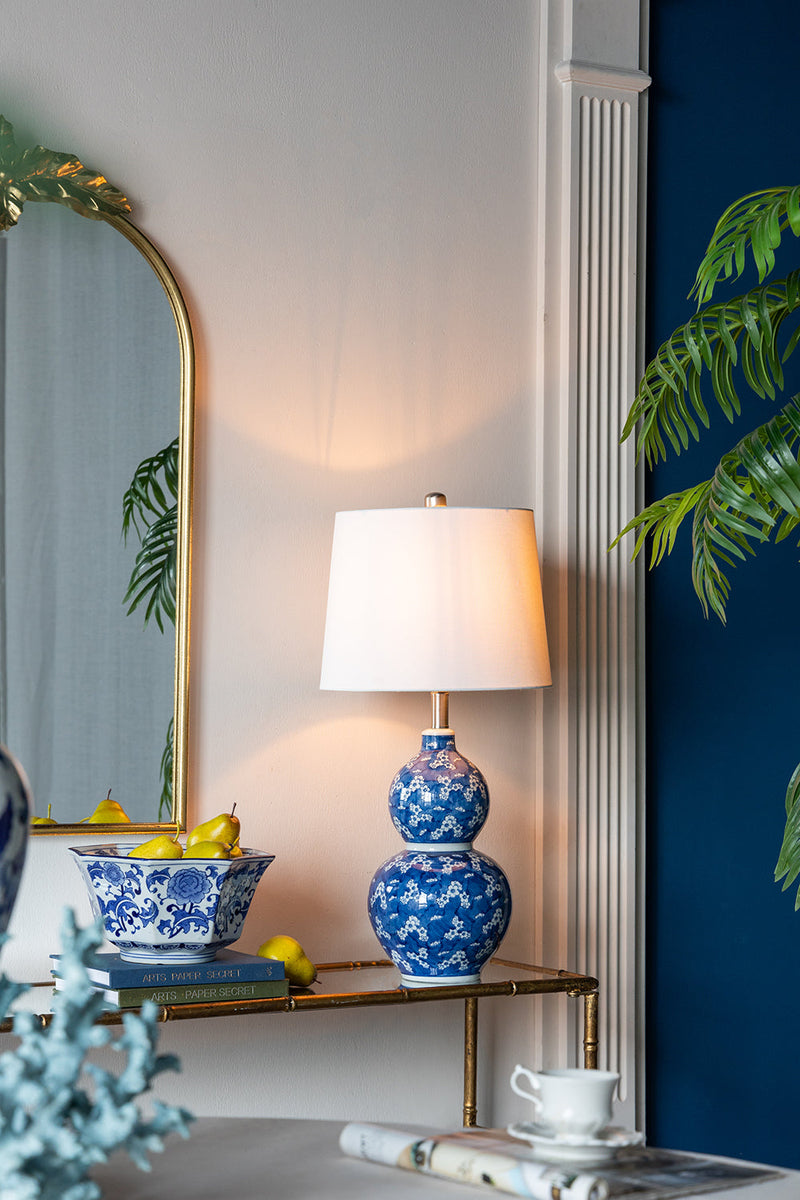 D13x25.7' Blue and White Round Two-Tiered Ceramic Vase Lamp by HouseOfZazla