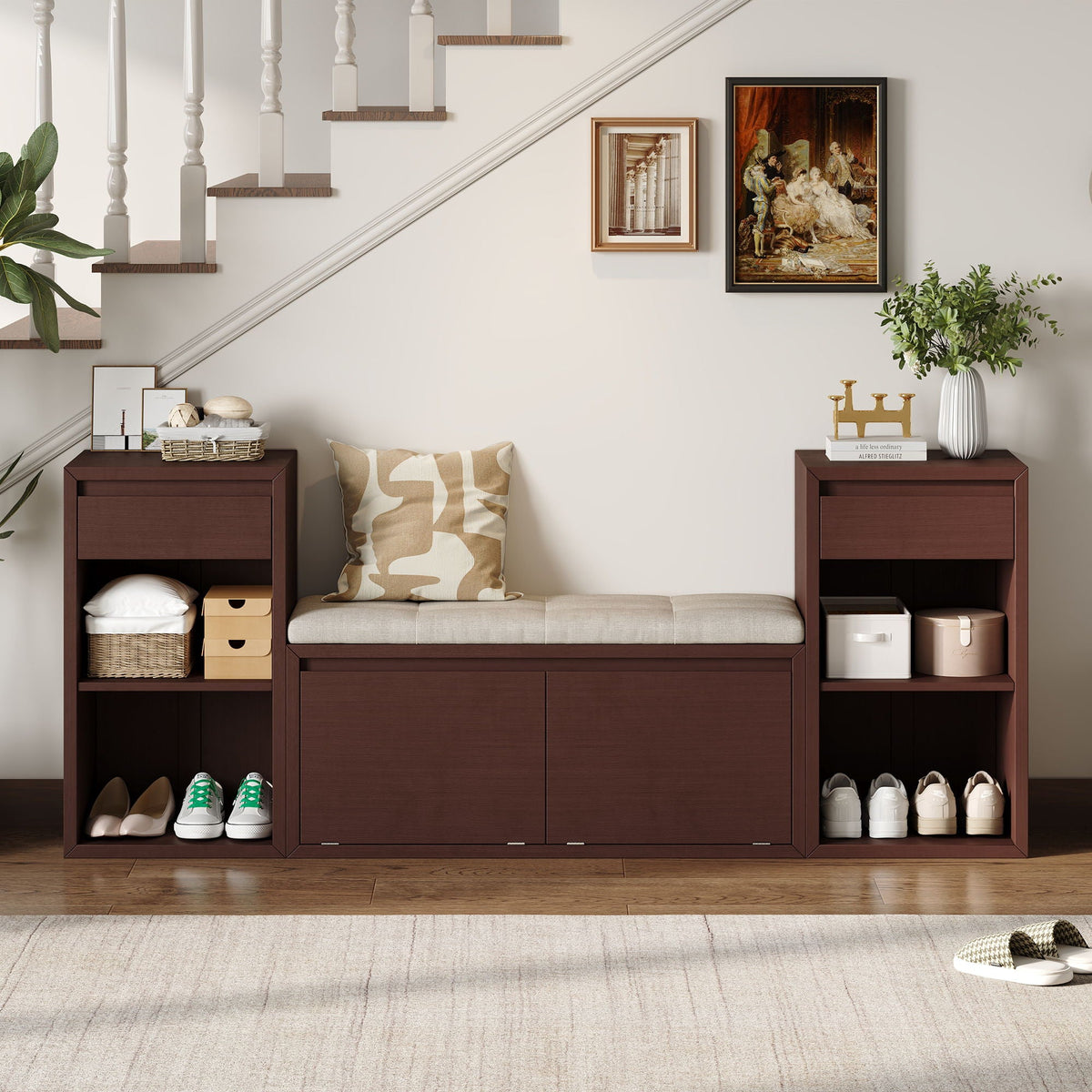 Entryway Storage Bench With Cushion, Drawers & Open Shelves, photo 16 of 25