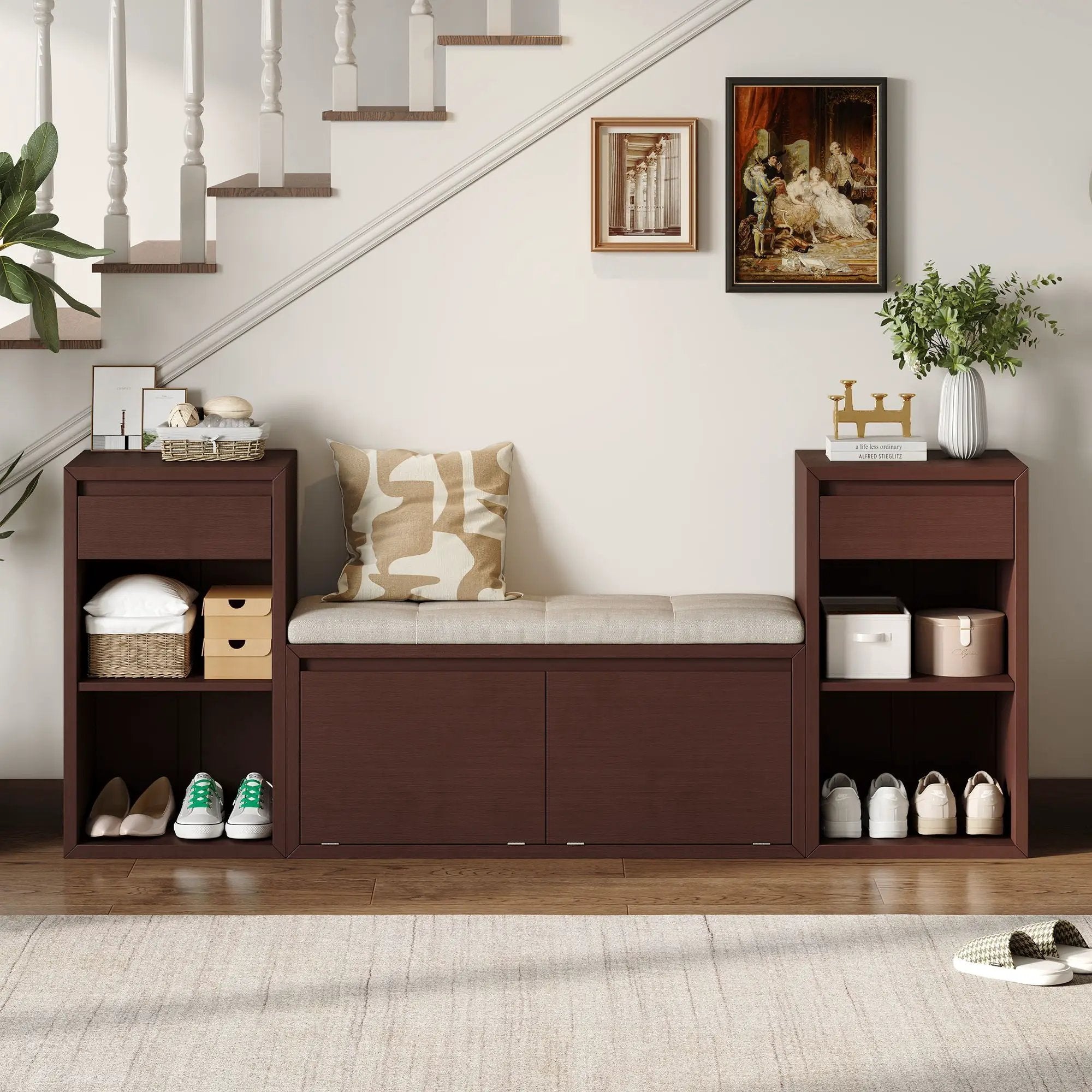 Entryway Storage Bench With Cushion, Drawers & Open Shelves by Unique Piece Furniture