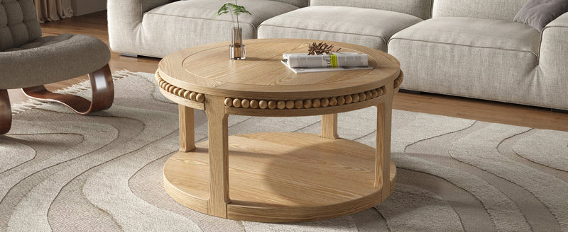 31.5 Inch Round Solid Wood Coffee Table & Sofa Table - Two-Tier Thickened Top, Sturdy Legs, Circle Table for Living Room (Natural Wood), photo 7 of 10