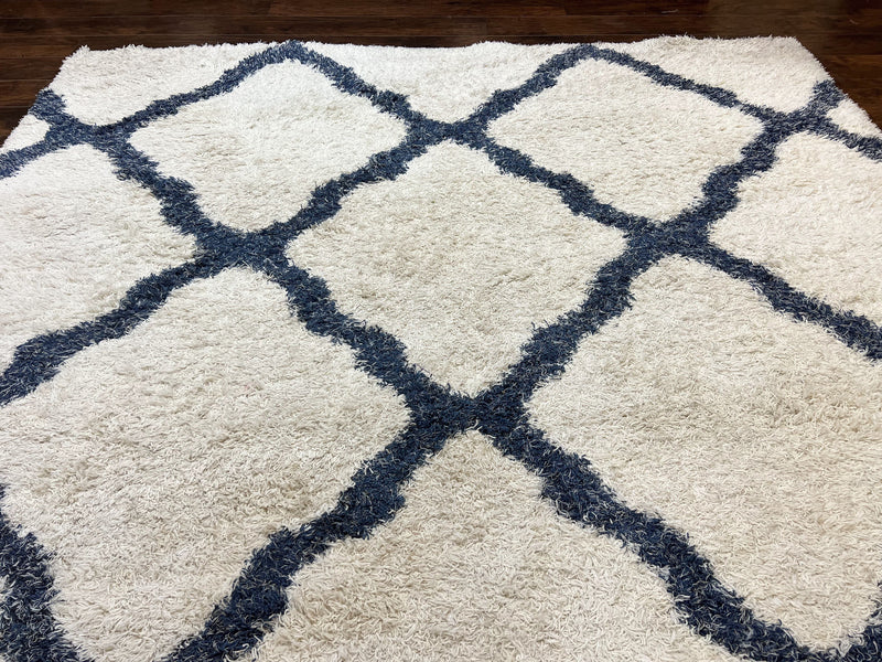 Modern Shag Rug 9x12, Ivory and Dark Blue, Diamond Pattern, Soft, Room Sized, Contemporary Rug, Plush by Jewel Rugs