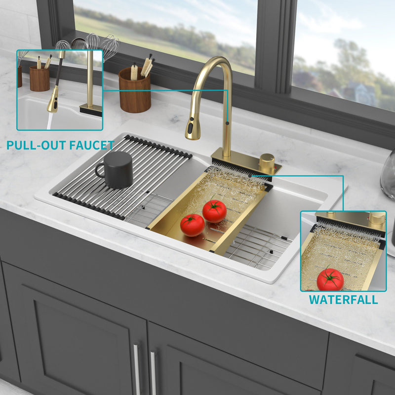 Waterfall Kitchen Sink With Pull Out Faucet & Cup Washer by HouseOfZazla