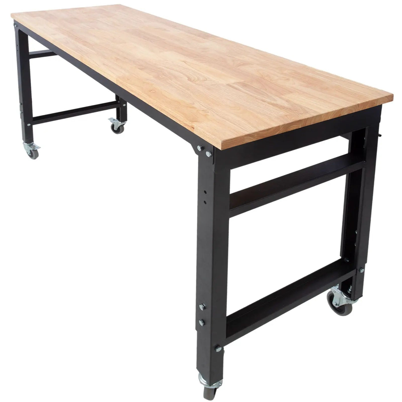 Wide Rolling Workbench For Garage, Adjustable Height, Workshop Tool Bench, Metal With Rubber Wood Top by HouseOfZazla