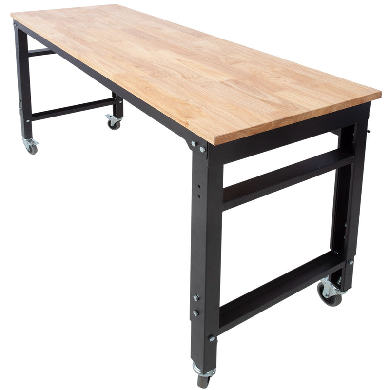 Wide Rolling Workbench For Garage, Adjustable Height, Workshop Tool Bench, Metal With Rubber Wood Top by HouseOfZazla