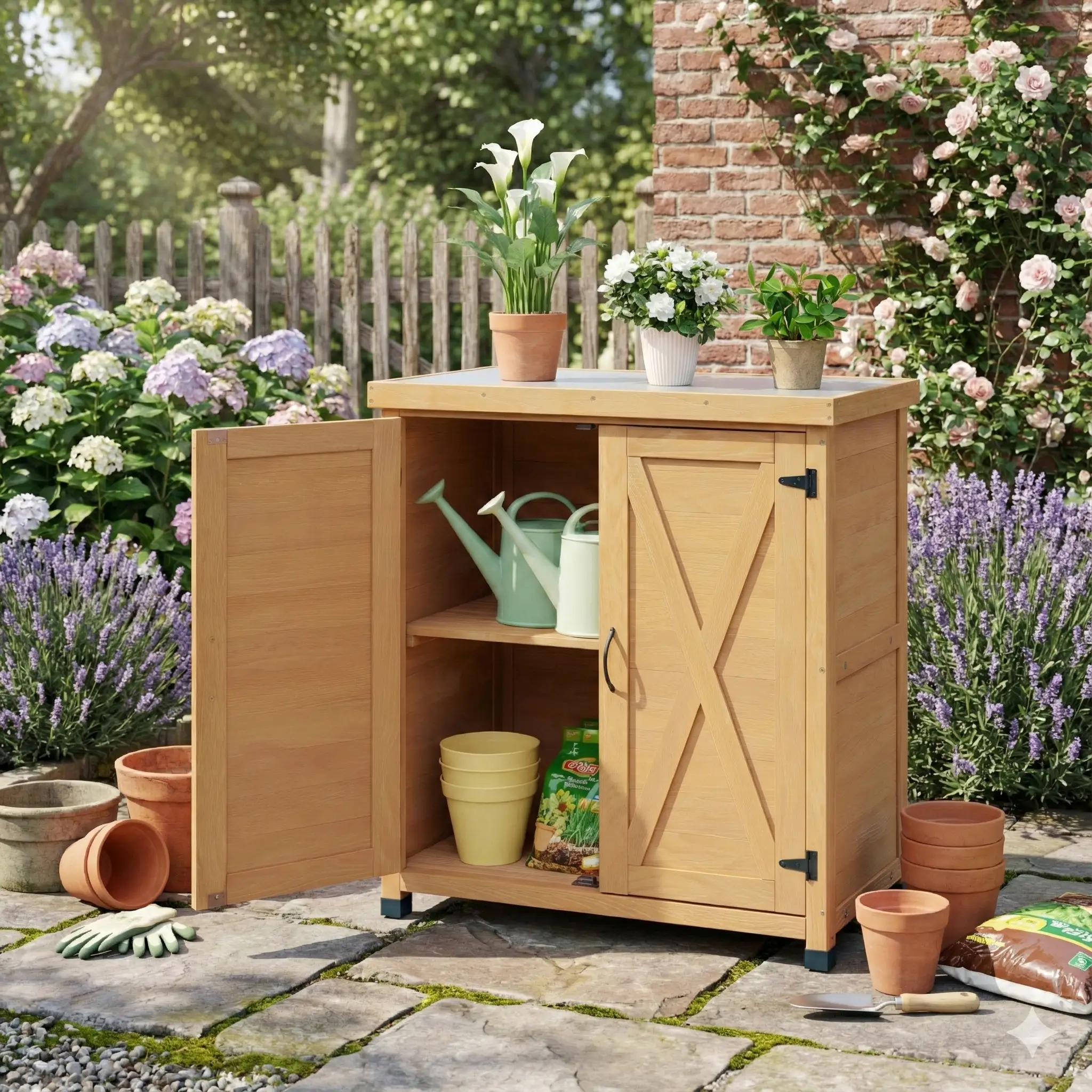 Potting Bench with Storage Cabinet and Metal Table Top for Outdoor Patio by HouseOfZazla