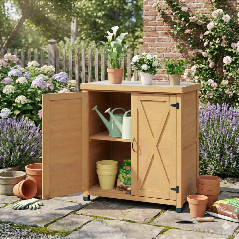 Potting Bench with Storage Cabinet and Metal Table Top for Outdoor Patio by HouseOfZazla