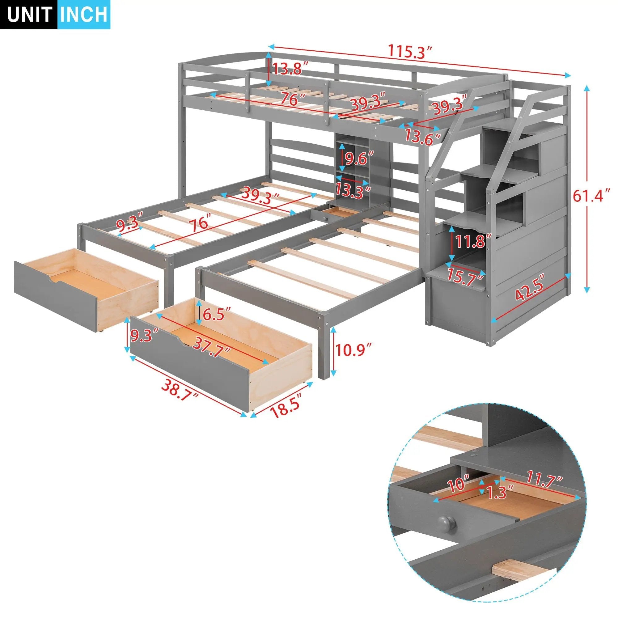 Twin Over Twin & Twin Bunk Bed With Drawers, Staircase Storage, Built In Shelves - Gray by Unique Piece Furniture