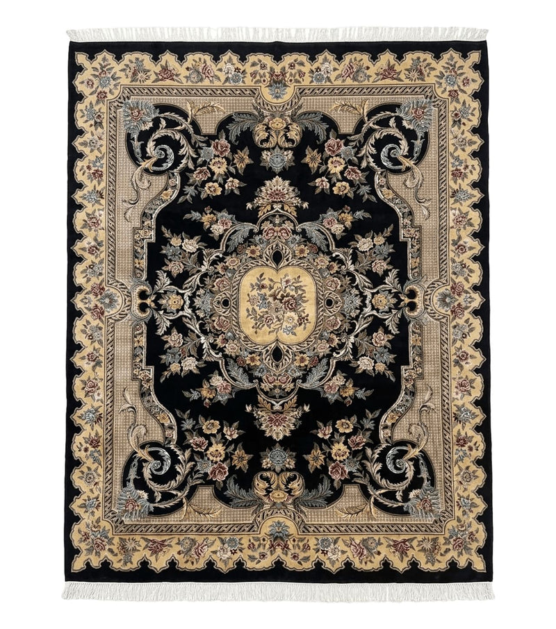 Aubusson Rug 9x12, Black and Beige, Floral, Elegant Handmade French European Design Carpet by Jewel Rugs