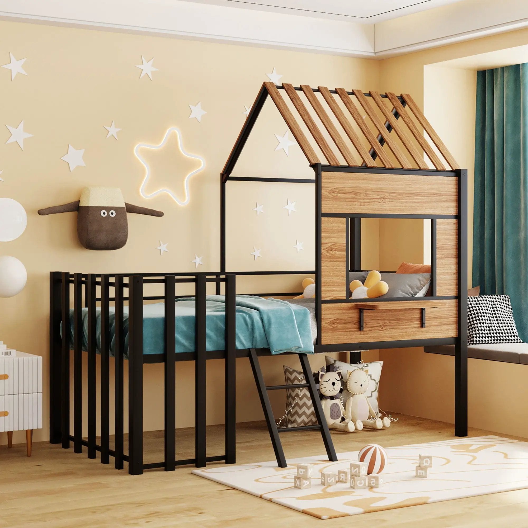Loft Bed With Roof, Window, Guardrail, Ladder by HouseOfZazla
