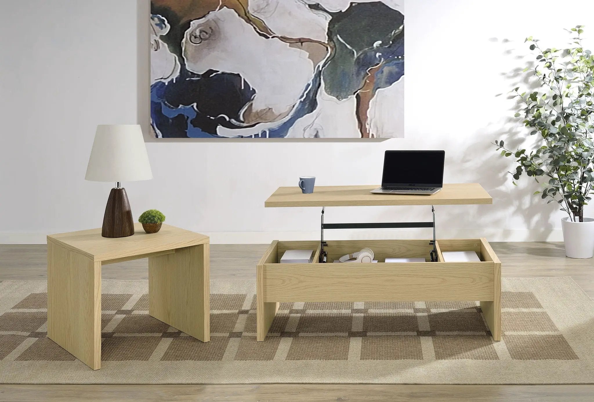 Canoga 2-piece Lift Top Cocktail Coffee Table Set Light Oak by Unique Piece Furniture