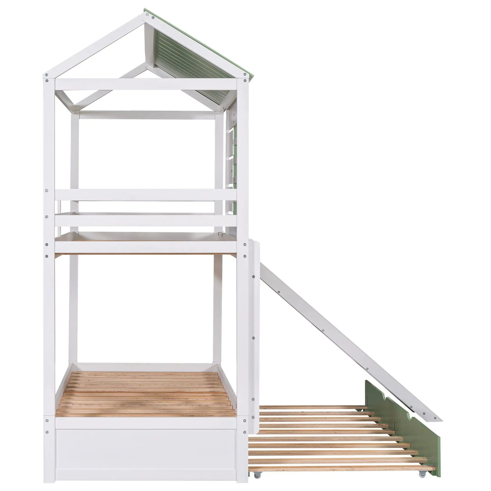 Twin Over Twin House Bunk Bed With Convertible Slide And Trundle - White by HouseOfZazla