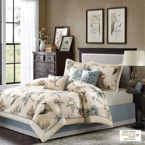 7 Piece Printed Cotton Twill Comforter Set Khaki Queen by HouseOfZazla