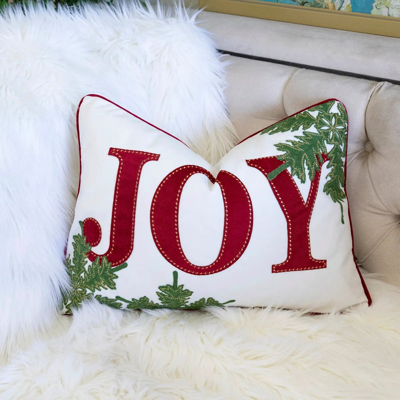 JOY Embroidered Christmas Throw Pillow – 14x20 Velvet Lumbar Cushion by HouseOfZazla