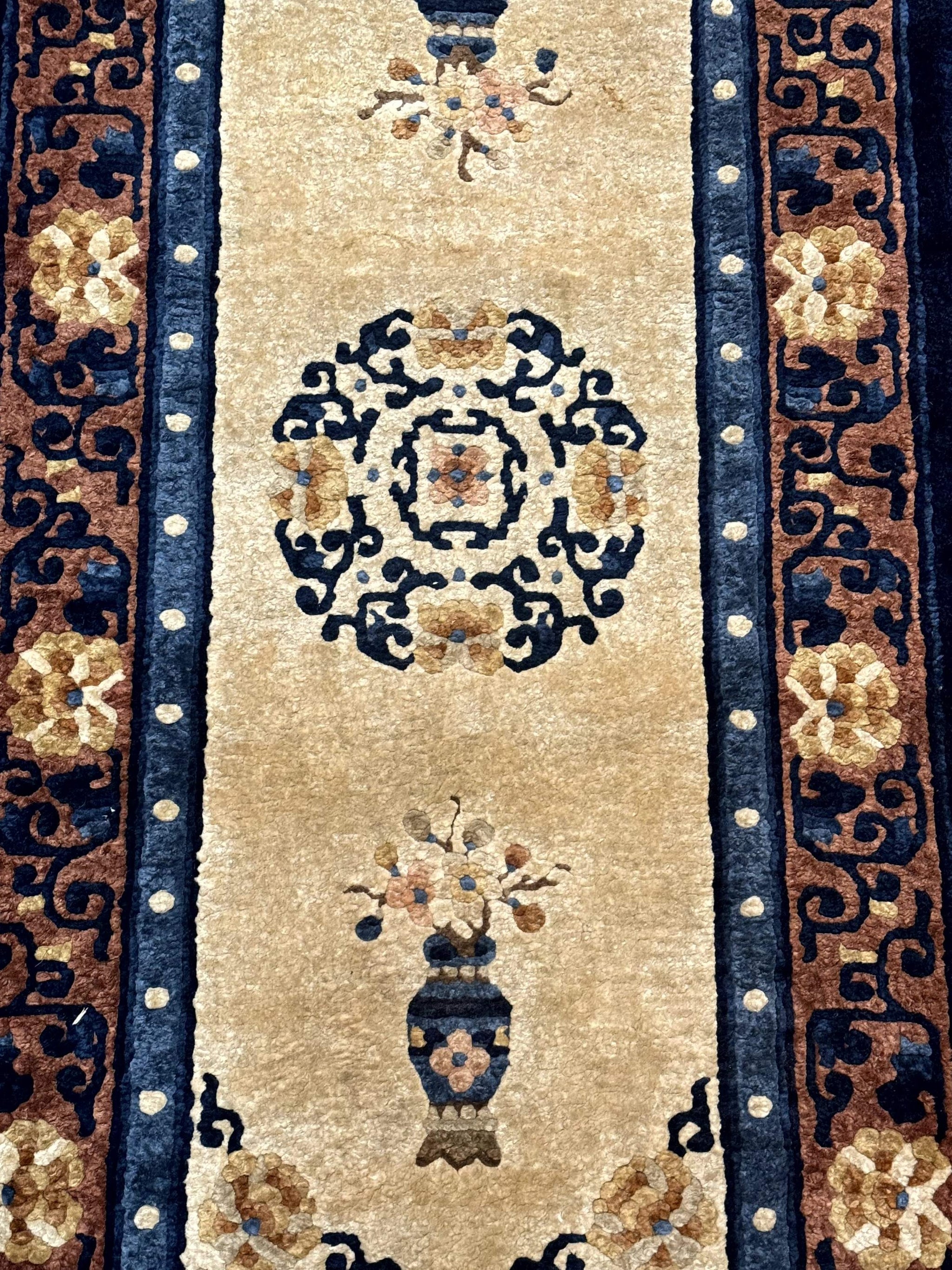 Silk Chinese Rug 2x4, Peking Carpet, Golden-Beige and Blue, Hand Knotted, Simple Design by Jewel Rugs