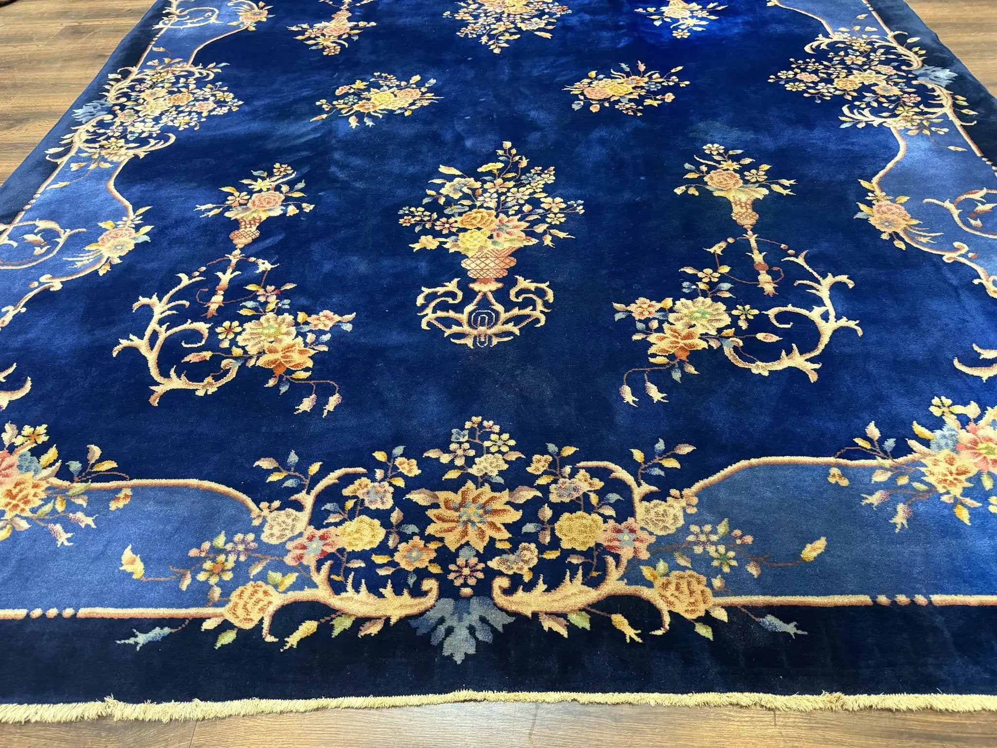 Blue Chinese Art Deco Rug 9x12, Vintage Antique Chinese Wool Rug, Chinese Fette Rug by Jewel Rugs