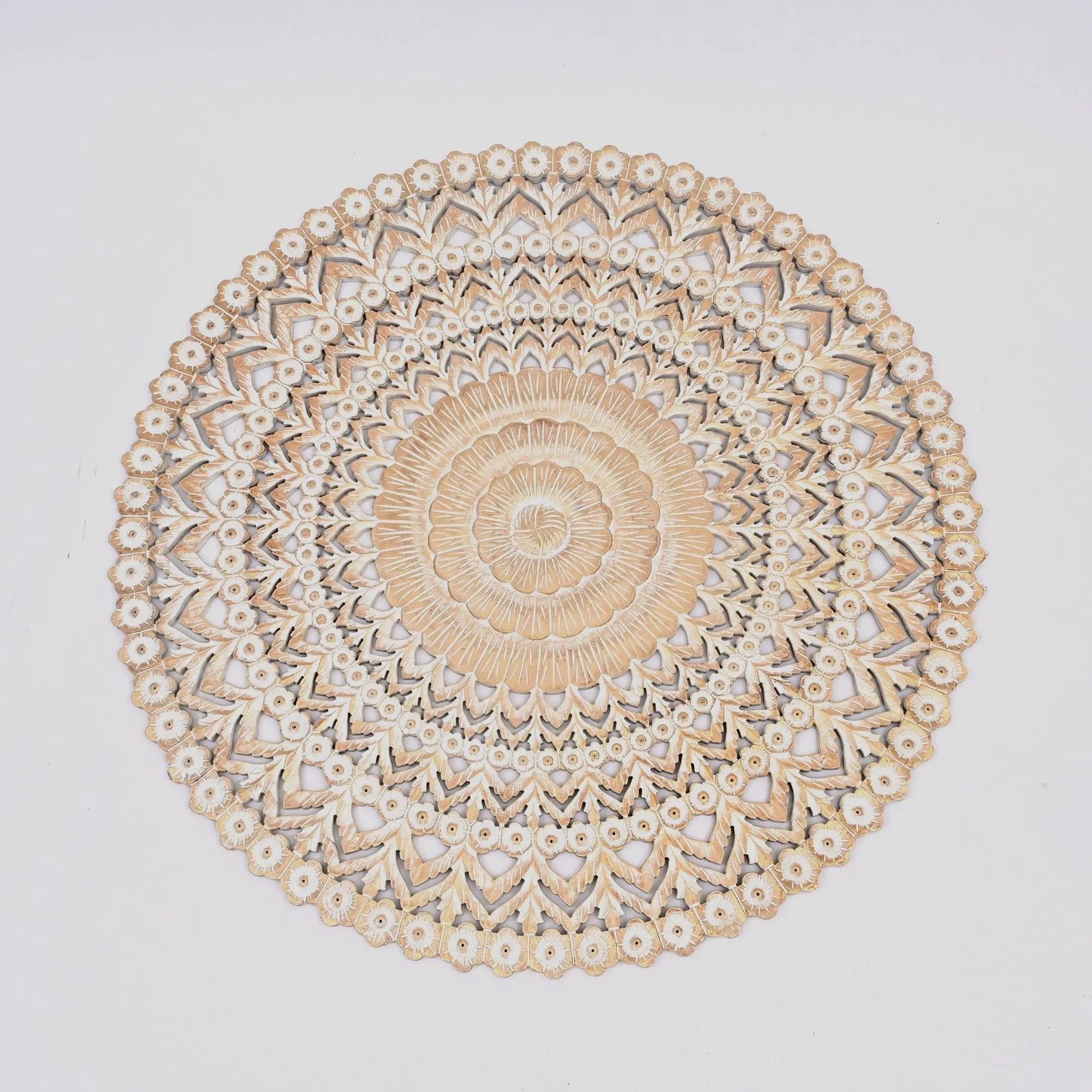 Floral Hand Carved Mandala Round Wall Decor - Brown / Antique White by Unique Piece Furniture