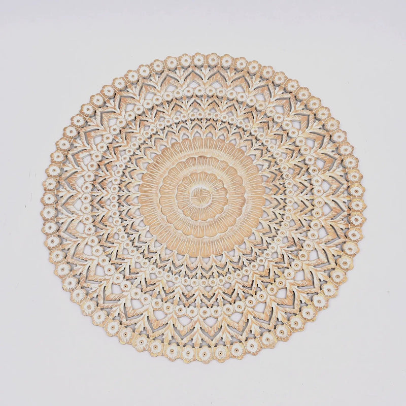 Floral Hand Carved Mandala Round Wall Decor - Brown / Antique White by HouseOfZazla