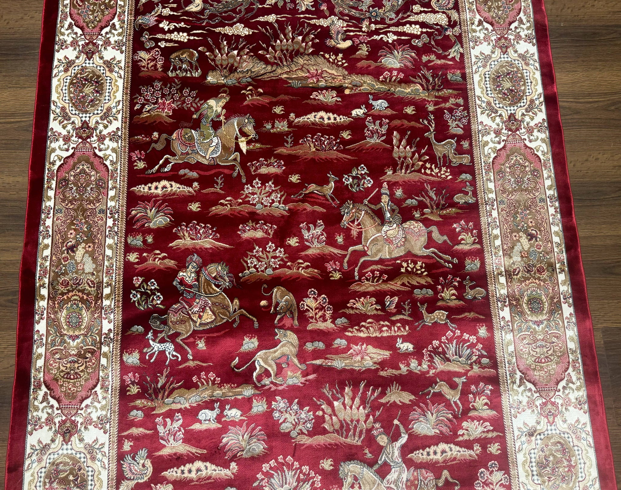 Turkish Silk Hunting Design Rug 4x6, Dark Red & Ivory, Bamboo Silk, New by Jewel Rugs