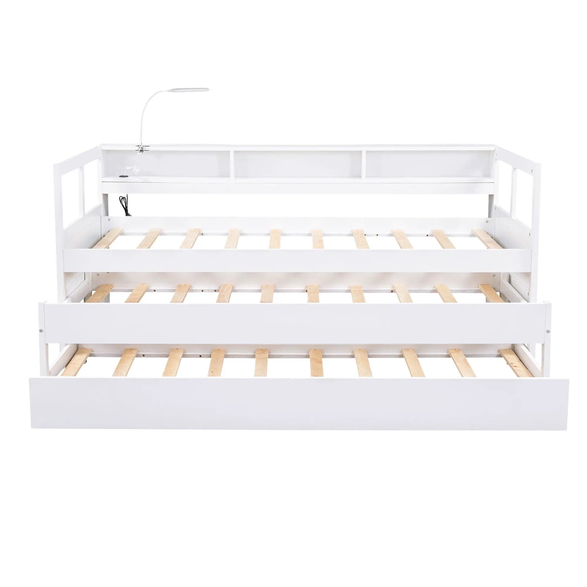 Daybed With 2 Trundles, 3 Storage Cubbies, Built In USB Charging Light