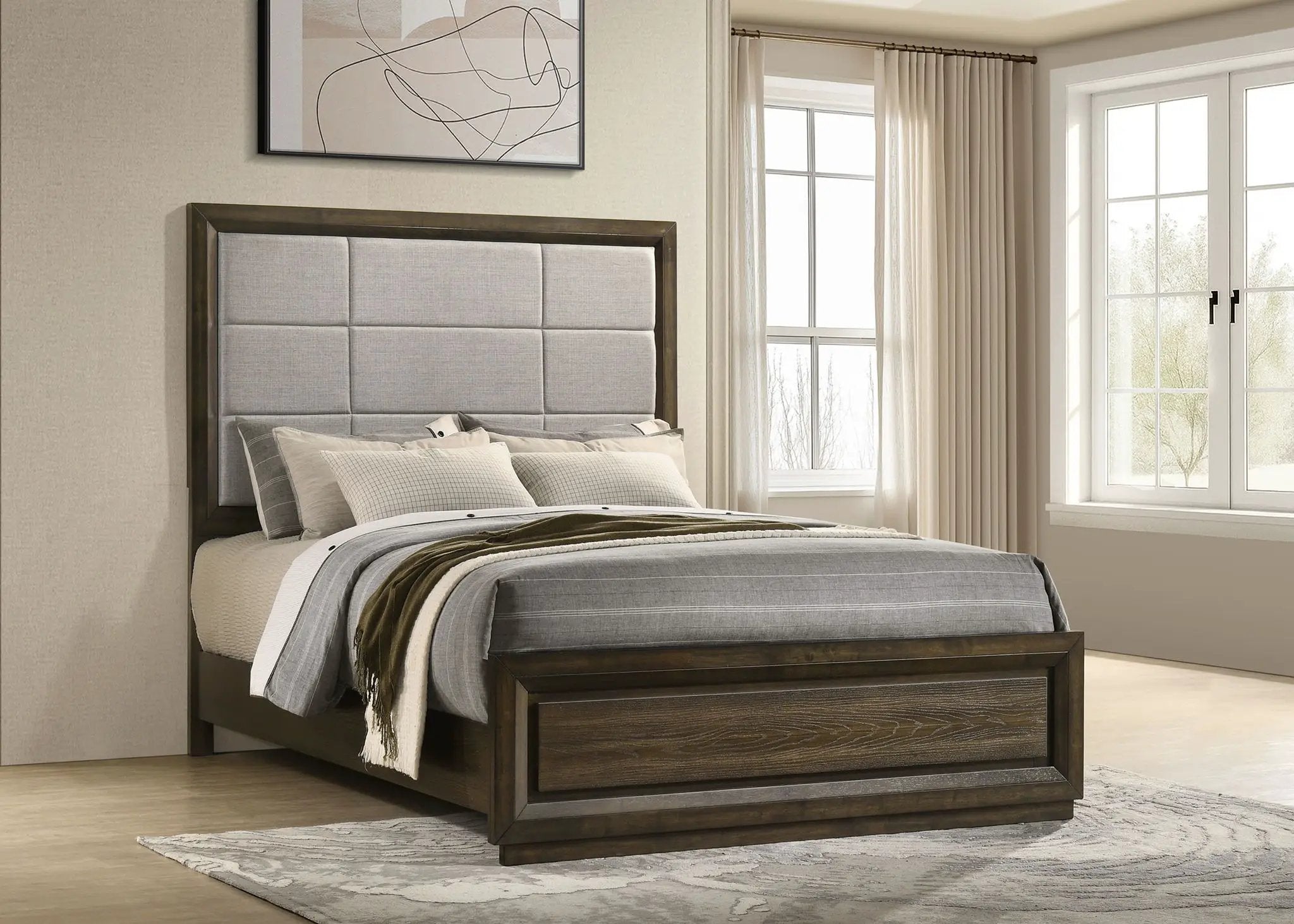 Atlas 63-inch Queen Upholstered Panel Bed Grey and Dark Oak by Unique Piece Furniture