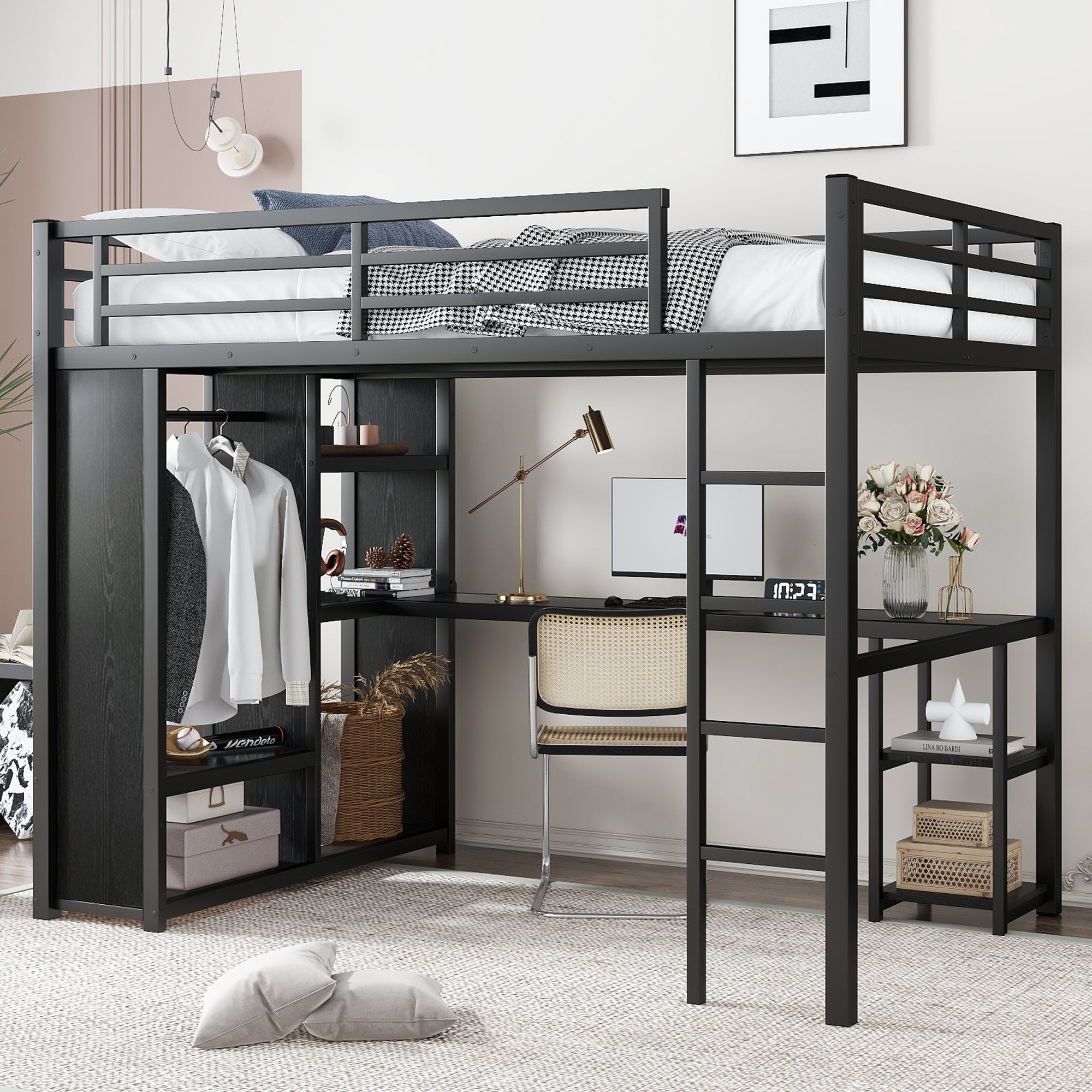 Full Size Loft Bed Frame with Built-in Wardrobe, Metal Loft Bed with Desk and Storage Shelves by HouseOfZazla