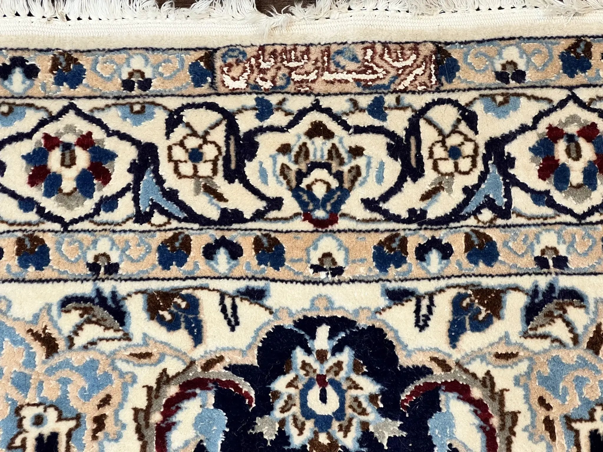 Persian Nain Rug 4x6, Floral, Hand Knotted Vintage Wool & Silk Highlights, Signature from Masterweaver, Navy Blue and Ivory by Jewel Rugs