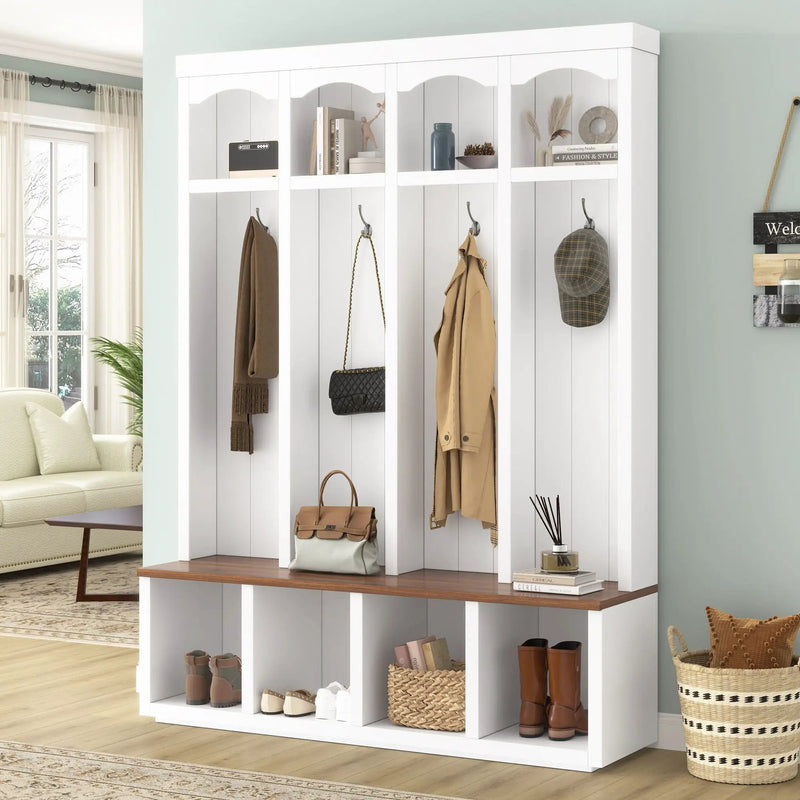 Entryway Hall Tree With Bench, 4 Hooks & Open Storage Space by HouseOfZazla
