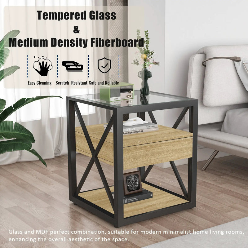 1 Piece Modern End Table with Drawer - Natural Wood & Tempered Glass by HouseOfZazla