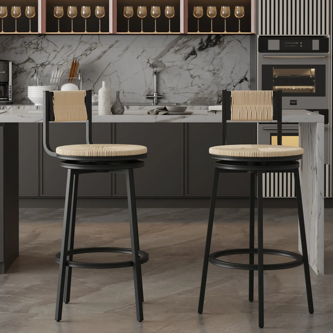 Bar Stools Swivel Counter Chairs With Metal Frame Hand Woven Paper Rope Dining Barstools For Kitchen Counter (Set of 2) by Unique Piece Furniture