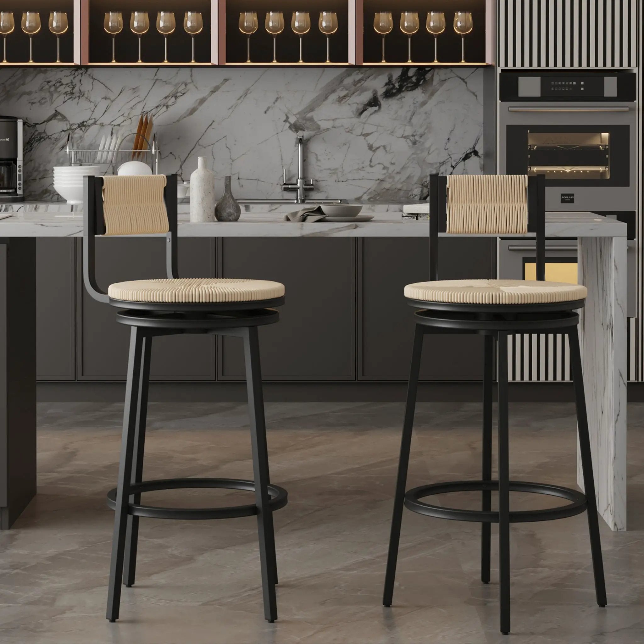 Bar Stools Swivel Counter Chairs With Metal Frame Hand Woven Paper Rope Dining Barstools For Kitchen Counter (Set of 2) by Unique Piece Furniture