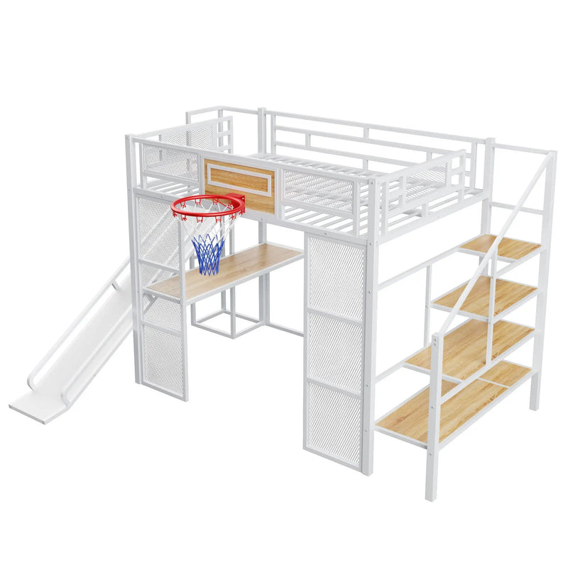 Loft Bed With Built In Desk, Open Wardrobe, Basketball Hoop, Slide And Staircase by HouseOfZazla