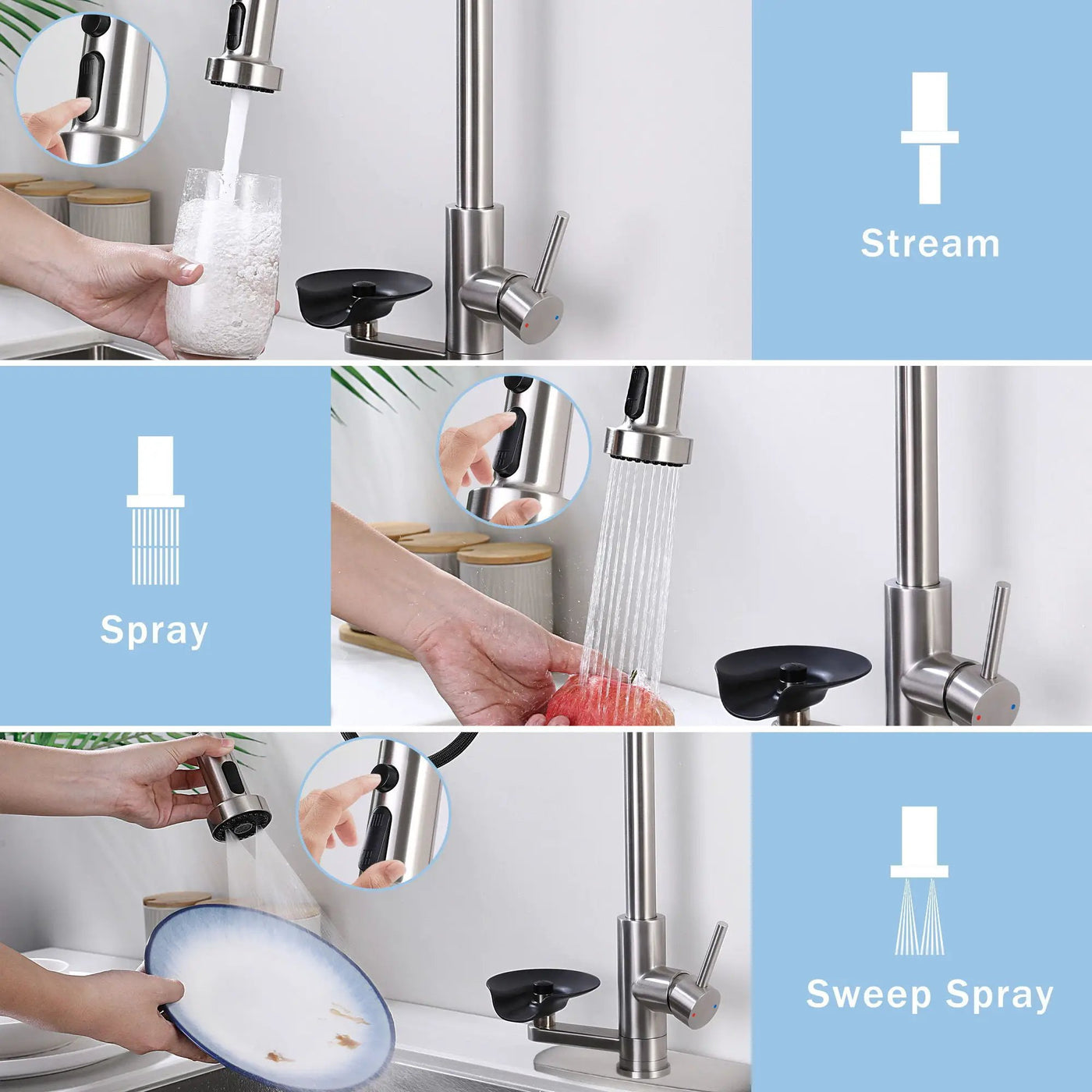 3 In 1 Kitchen Faucet With Press Type Glass Rinser, High Arc Pull Down Sprayer by HouseOfZazla
